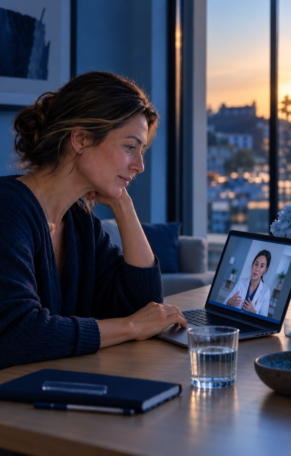 A woman at home in a teleconsultation with a sleep doctor on her laptop